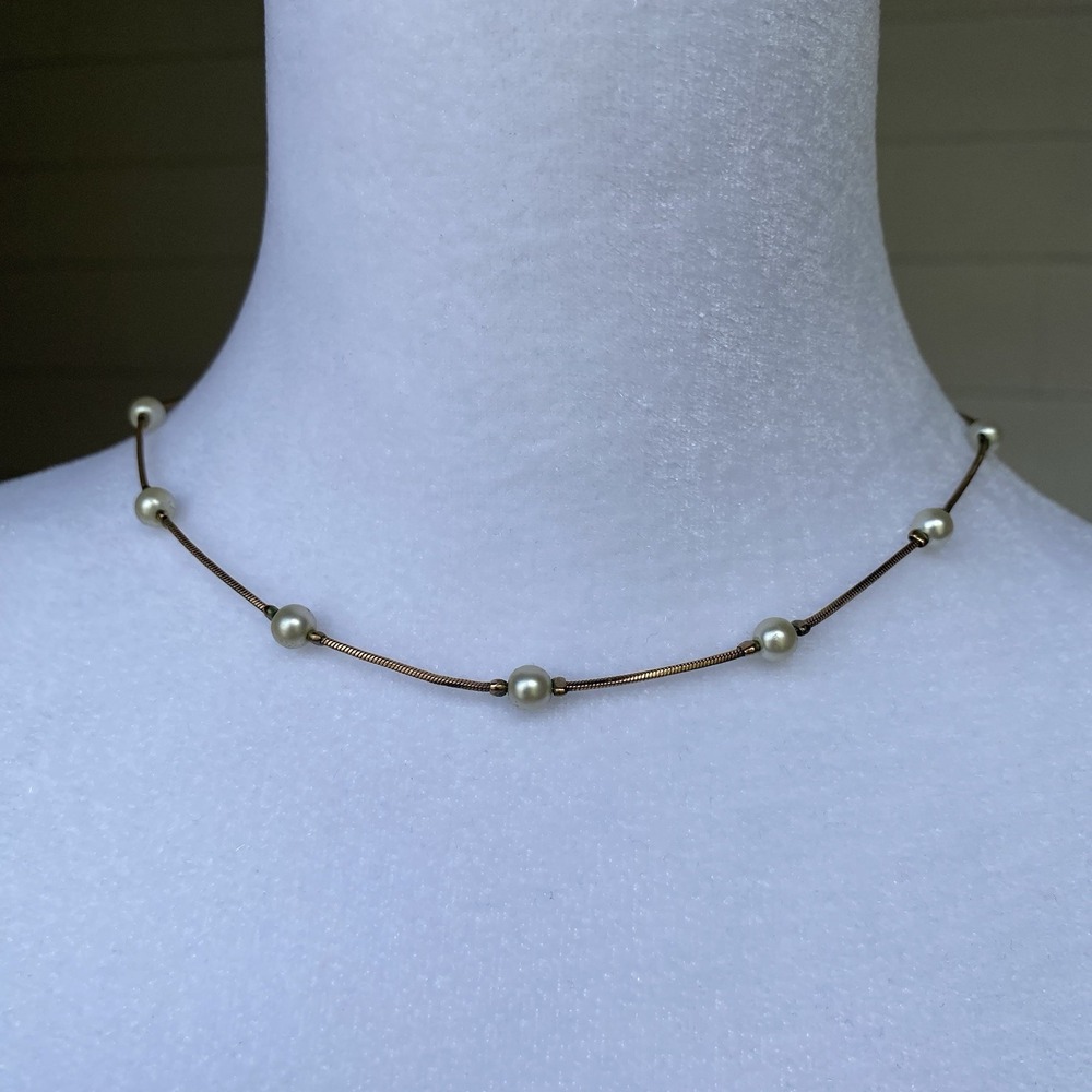 Vintage Signed MONET Gold Tone Station Dainty Chain Necklace Faux Pearl 18.5"